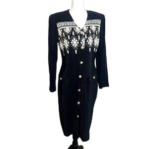 Vintage T F  TF Beaded Pearl Button Sheath Dress Black w/ White Embroidery Sz L